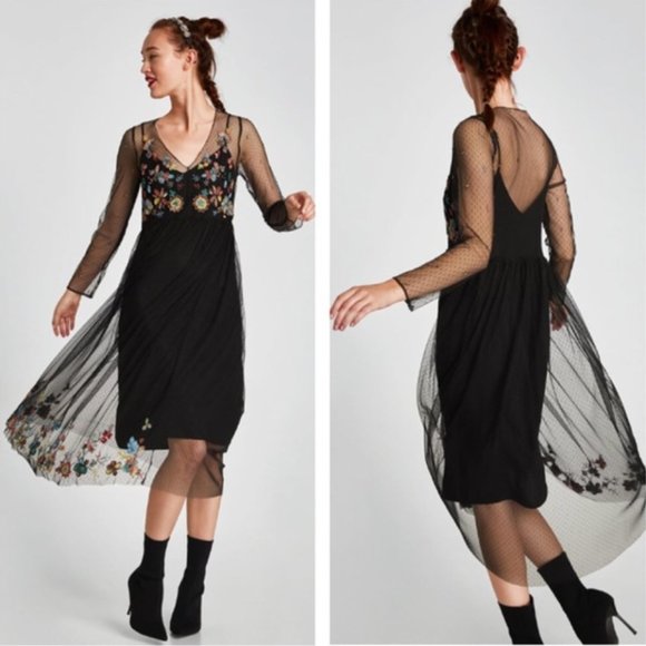 Zara Black Floral Mesh Dress - Picture 1 of 12